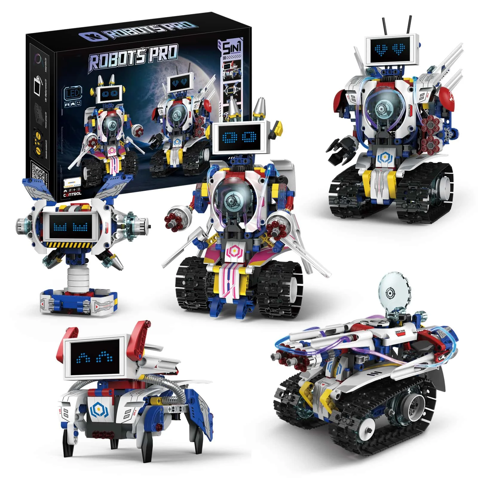 

Набор для сборки робота 5-в-1 со светодиодным экраном, светящимися деталями, игрушкой STEM с дистанционным управлением для программирования Bluetooth, рождественским подарком, 603 шт.