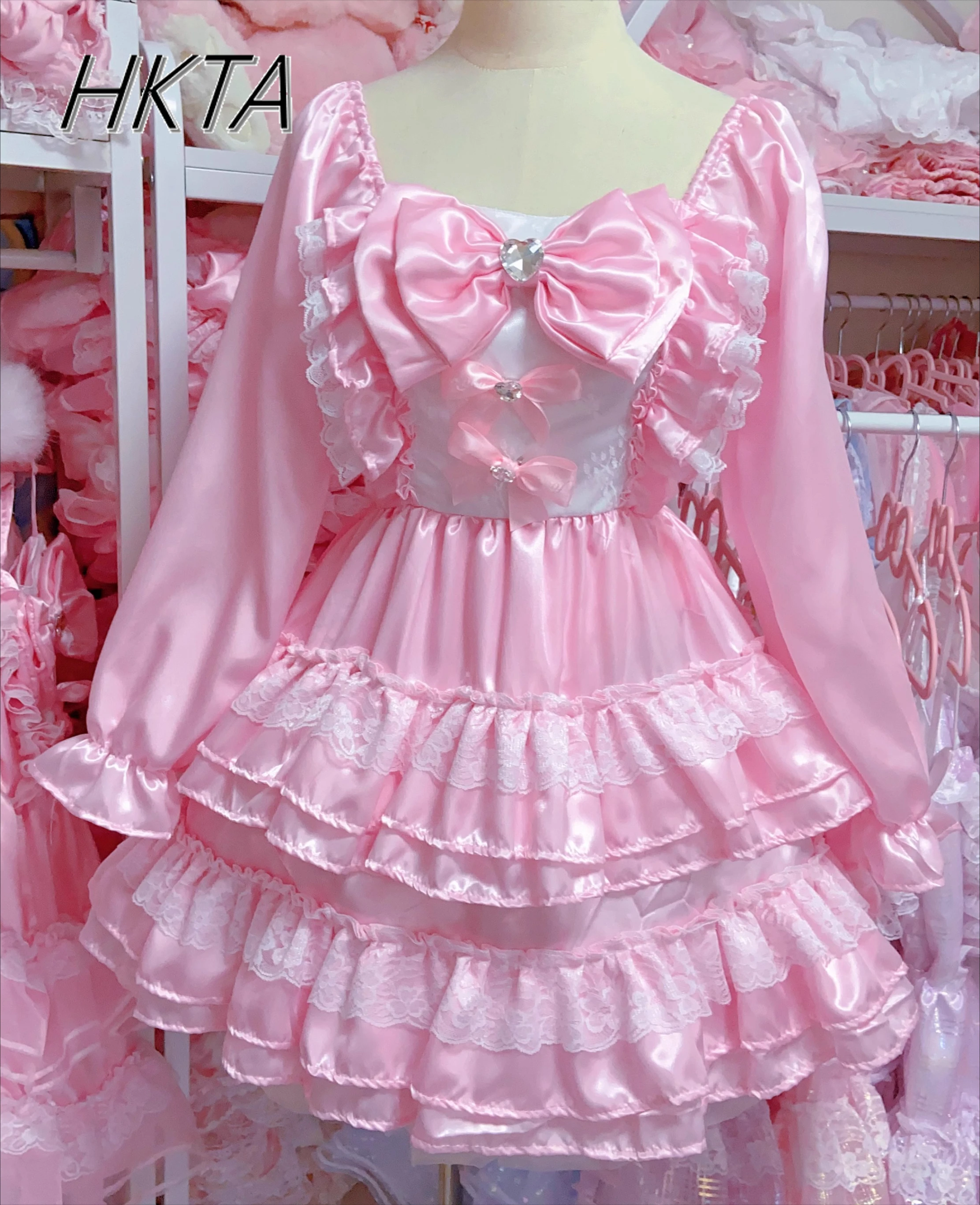 Lolita doce kawaii pescoço quadrado pétala manga longa rosa vestidos curtos feminino verão novo laço arco cintura em camadas bolo vestidos inchados
