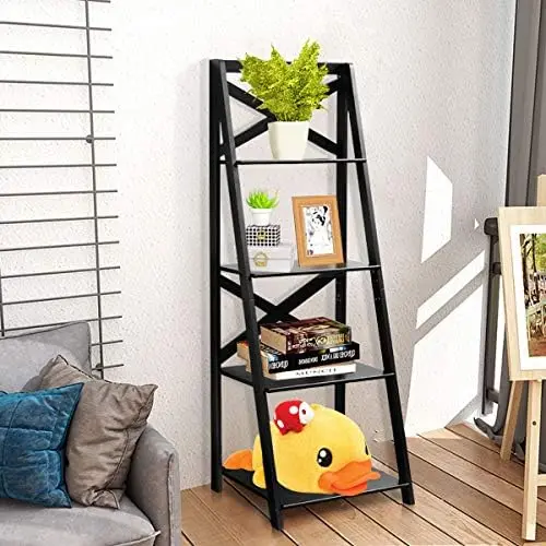 4-Tier Ladder Shelf Bookcase Leaning Free Standing Wooden Frame Decor Bookshelf Storage Flower Shelf Plant Display Shelf for Hom