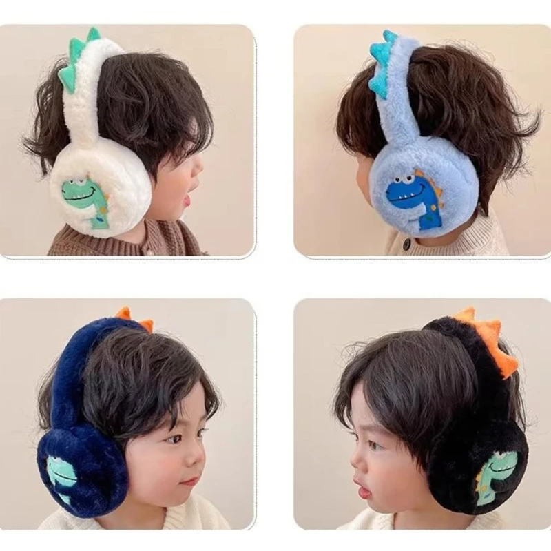 Kids Lovely Dinosaur Pattern Plush Earmuffs Children Foldable Elastic Headband Ear Muffs for Winter Outdoor Activity Daily Wear