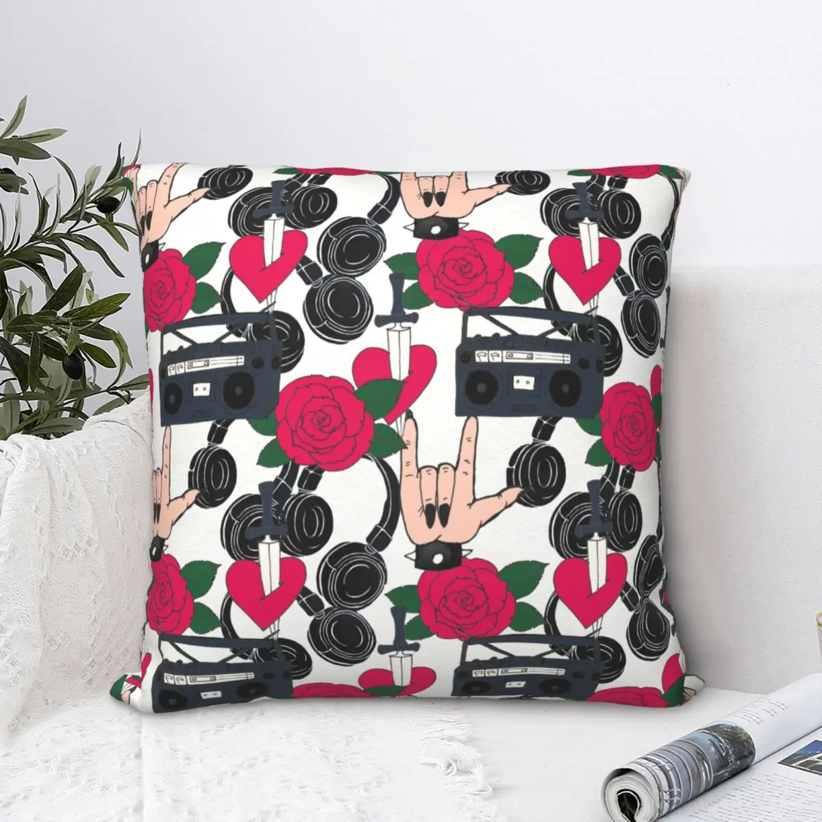 Rock Hand Roses Heart Tattoo Square Pillow Case Cushion Cover Custom Zipper Decor Pillowcase for Living Room 18