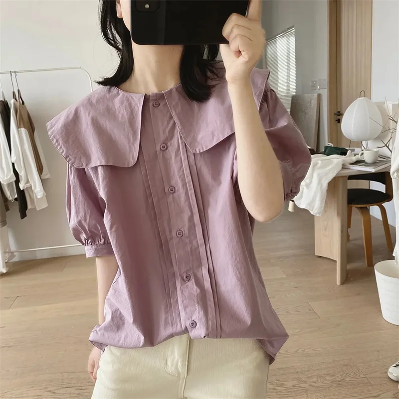 Summer Short-Sleeved Shirt Women Fashion Doll Collar High-Quality Korean Casual Solid Color Shirts Women  Loose Blouse FemaleTop