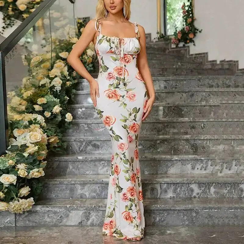 

Floral Print Sexy Draped Slip Maxi Dress Elegant Lace Up Beach Outfits Women Sleeveless Dresses Party Club Vestido
