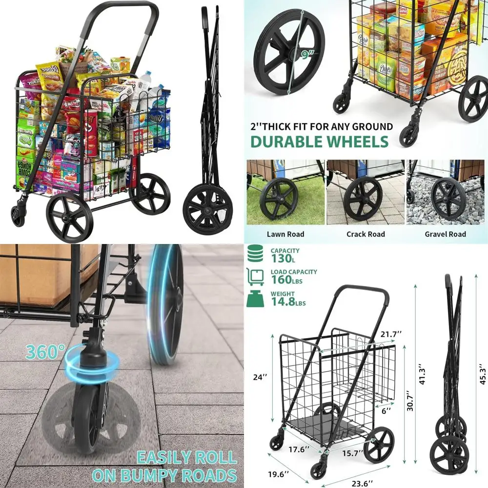 Robuuste opvouwbare gereedschapswagen met dubbele mand, handtrolley met stalen frame van 33,6 gallon, capaciteit van 160 lbs en 360 °   Wartel voor M