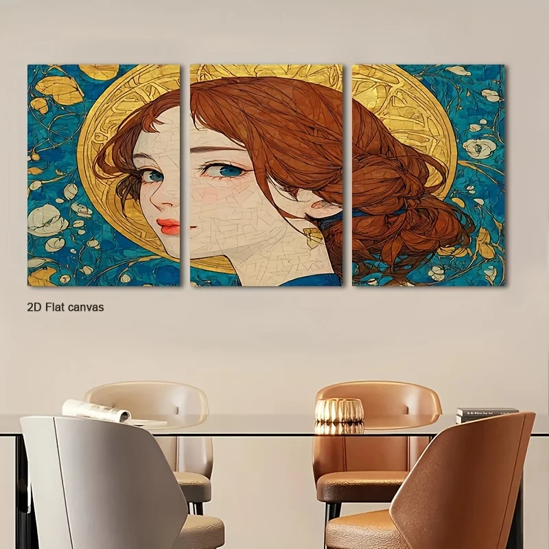 Frameless Canvas 2D Flat, 2D Flat, 2D Flat Set Of Three 2D Flat Canvas Artworks Featuring A -Haired Figure In Blue And Golde