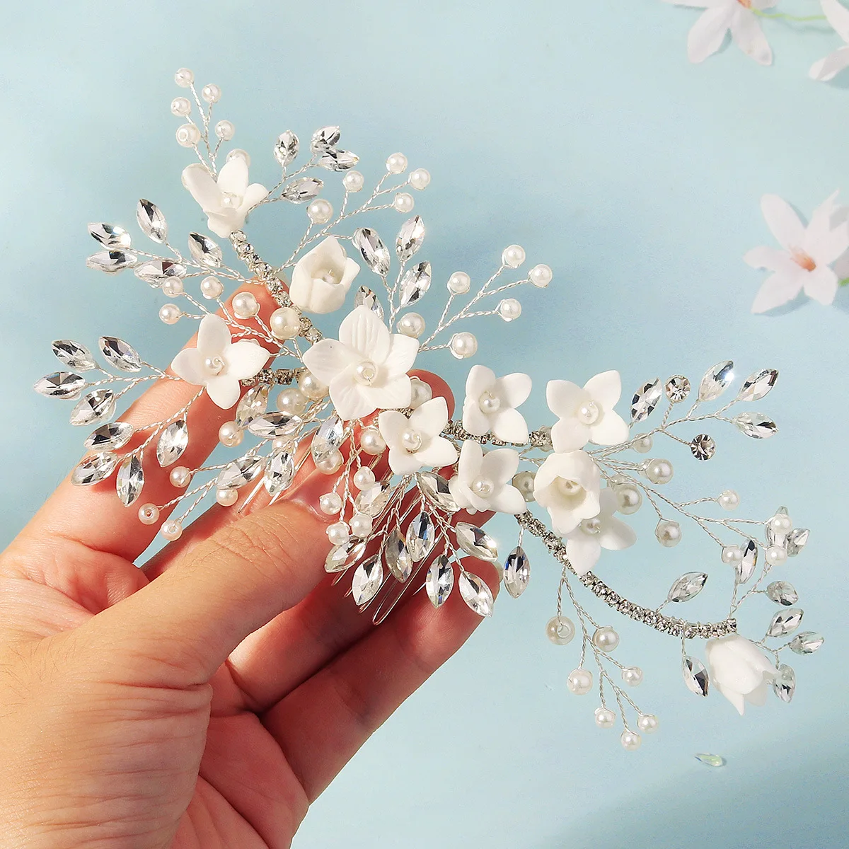 Floralbride اليدوية كريستال الراين اللؤلؤ الخزف زهرة الزفاف أمشاط الشعر أغطية الرأس الزفاف وصيفات الشرف النساء مجوهرات