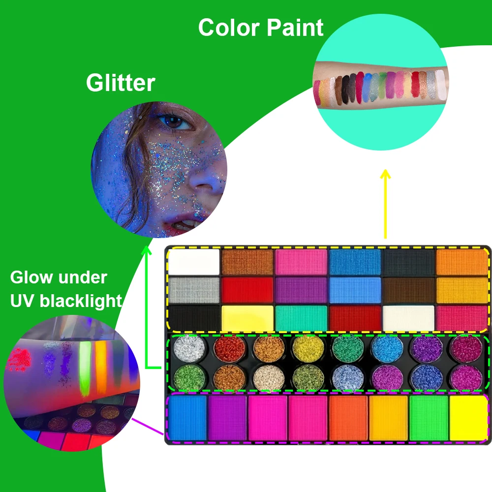 42 Colors UV Neon Face Paint Set Water Soluble Fluorescent Glitter Art Makeup for Body Painting Festivals Halloween