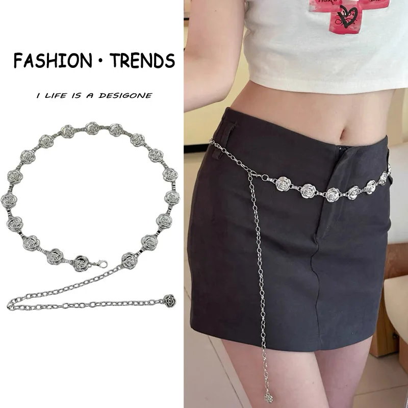 

Retro Ethnic Style Women's Metal Flower Waist Chain Accessories Spice Girl Dress Decoration Thin Belt 2025 New Waist