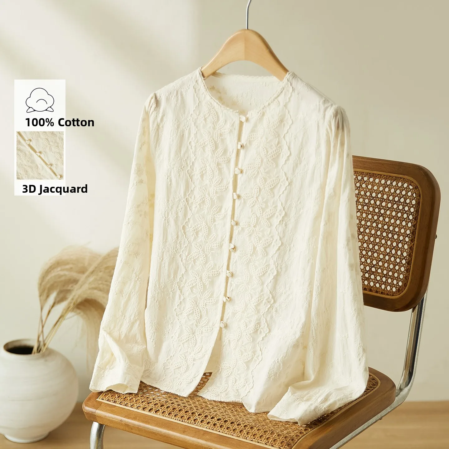 

Ele Long Sve Women's irt Cotton Embroidery New Chinese Sle 3D Embroidery Lightweight Luxury Women's Faion