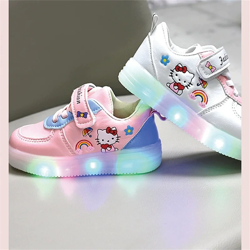 LED Kids Shoes for Girls Cute Cartoon Shoes Baby Girl Kawaii PU Leather Shoes Soft Bottom Sneakers Casual Shoes Size 21-30