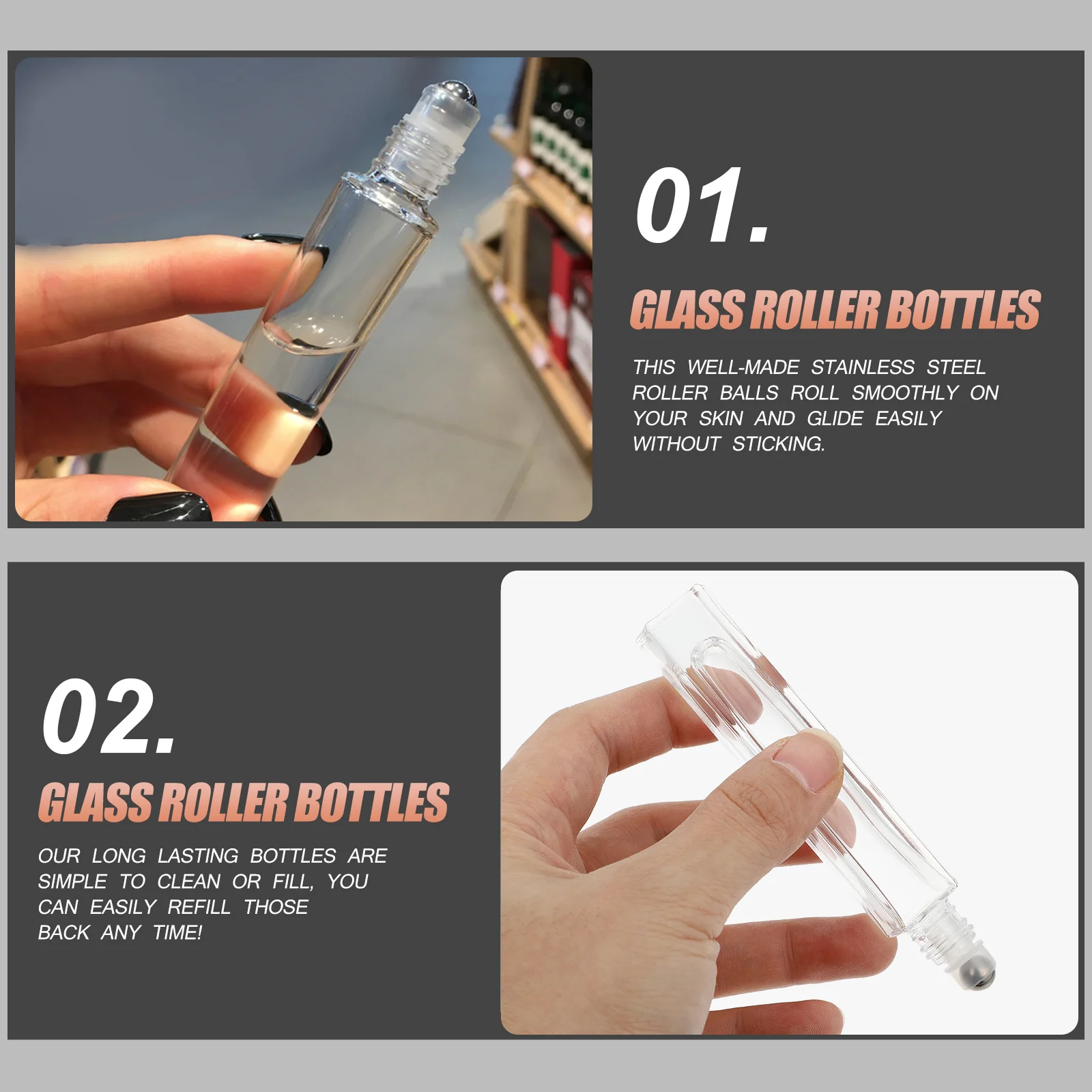 

5Pcs Essential Oil Roller Bottles Clear Leakproof Glass Thick Smooth Stainless Steel Ball for Perfume Coconut Massage Oil