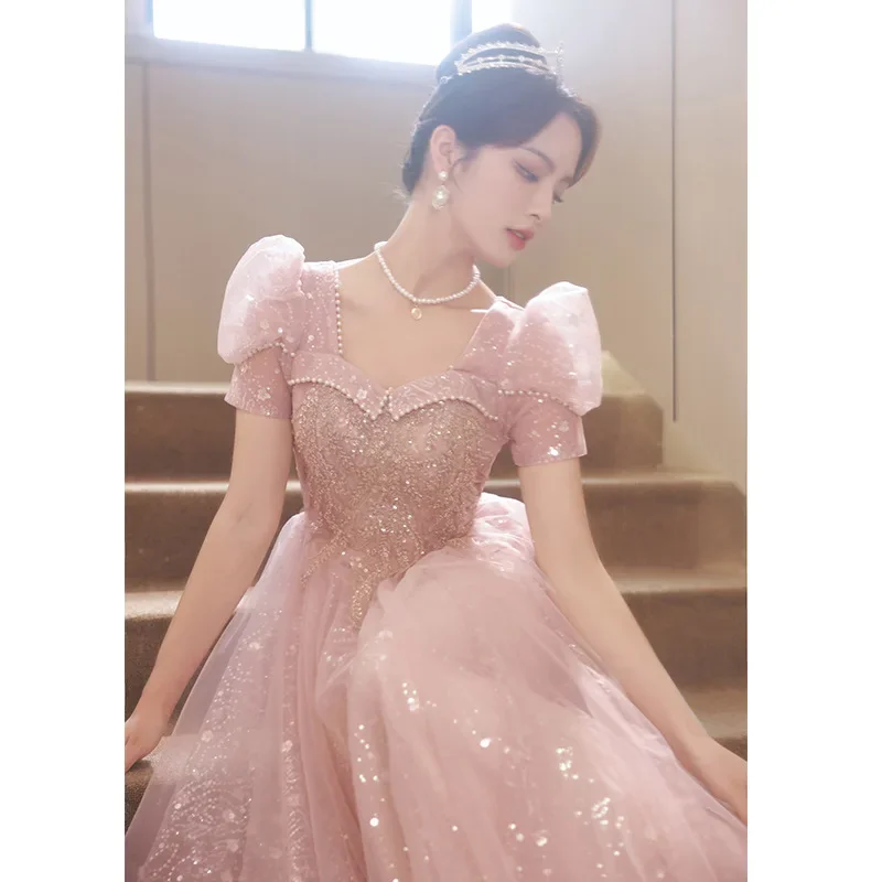 Vestido de noche rosa para mujer, primavera 2025, nuevo estilo, estilo banquete, reunión anual francesa, examen de arte, vestido de reunión anual de moda