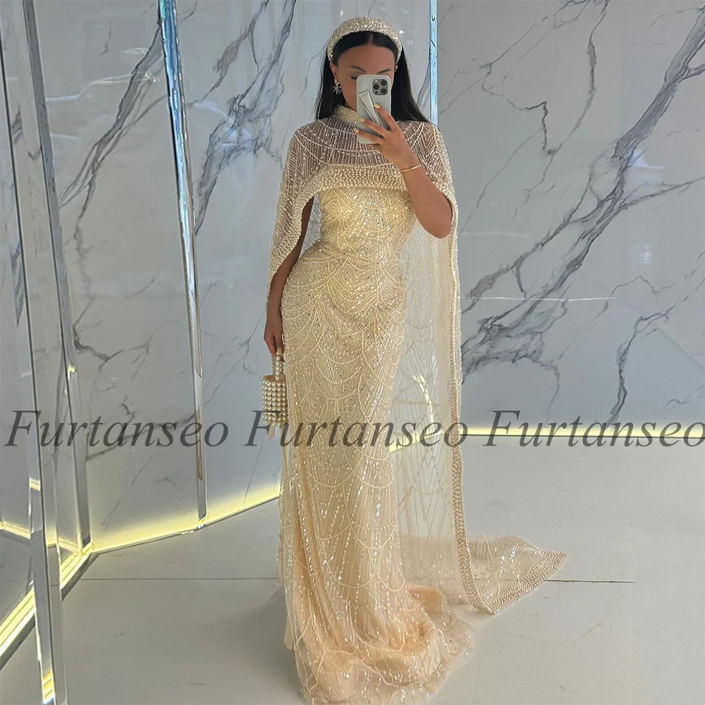 Luxury Prom Dress with Cape Strapless Sleeveless Exquisite Beading Pearls Mermaid Evening Dresses Saudi Arabic Party Gown