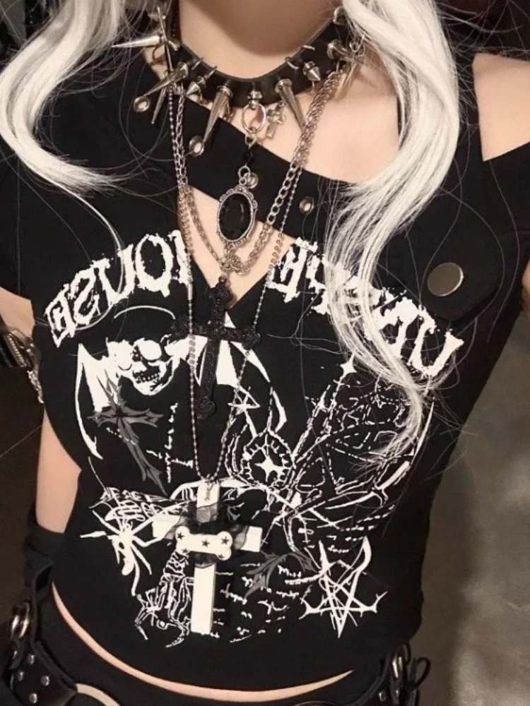 

Новинка лета 2022, черный жилет для женщин Y2k E-Girl, облегающие топы на бретельках Mujer, модная корейская одежда с принтом черепа в стиле панк