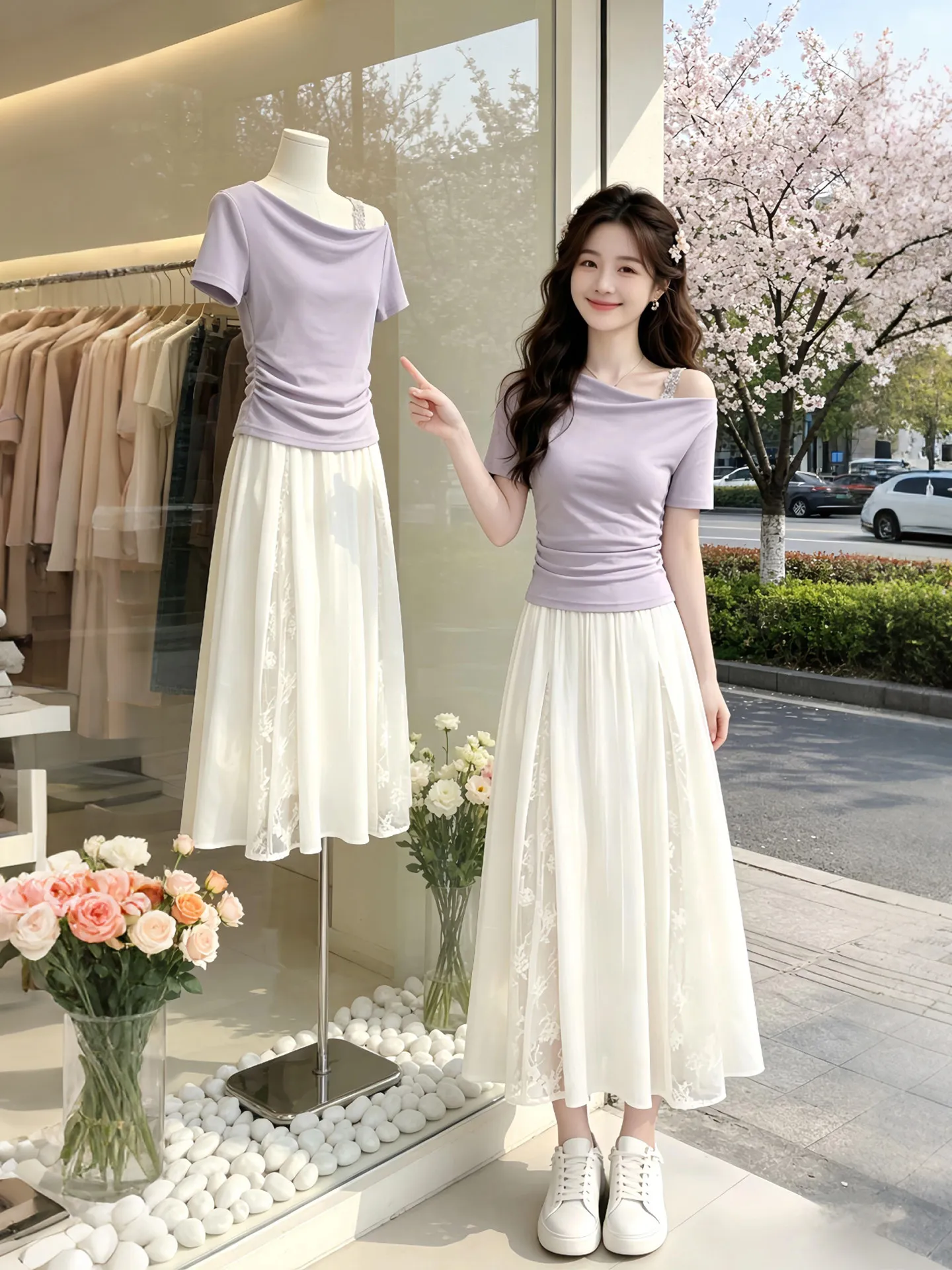 

Shoulder Bared Short Sleeve T Shirt Women's New Summer 2026 Elegant Set High Waist Skirt Casual Commute Style Breathable