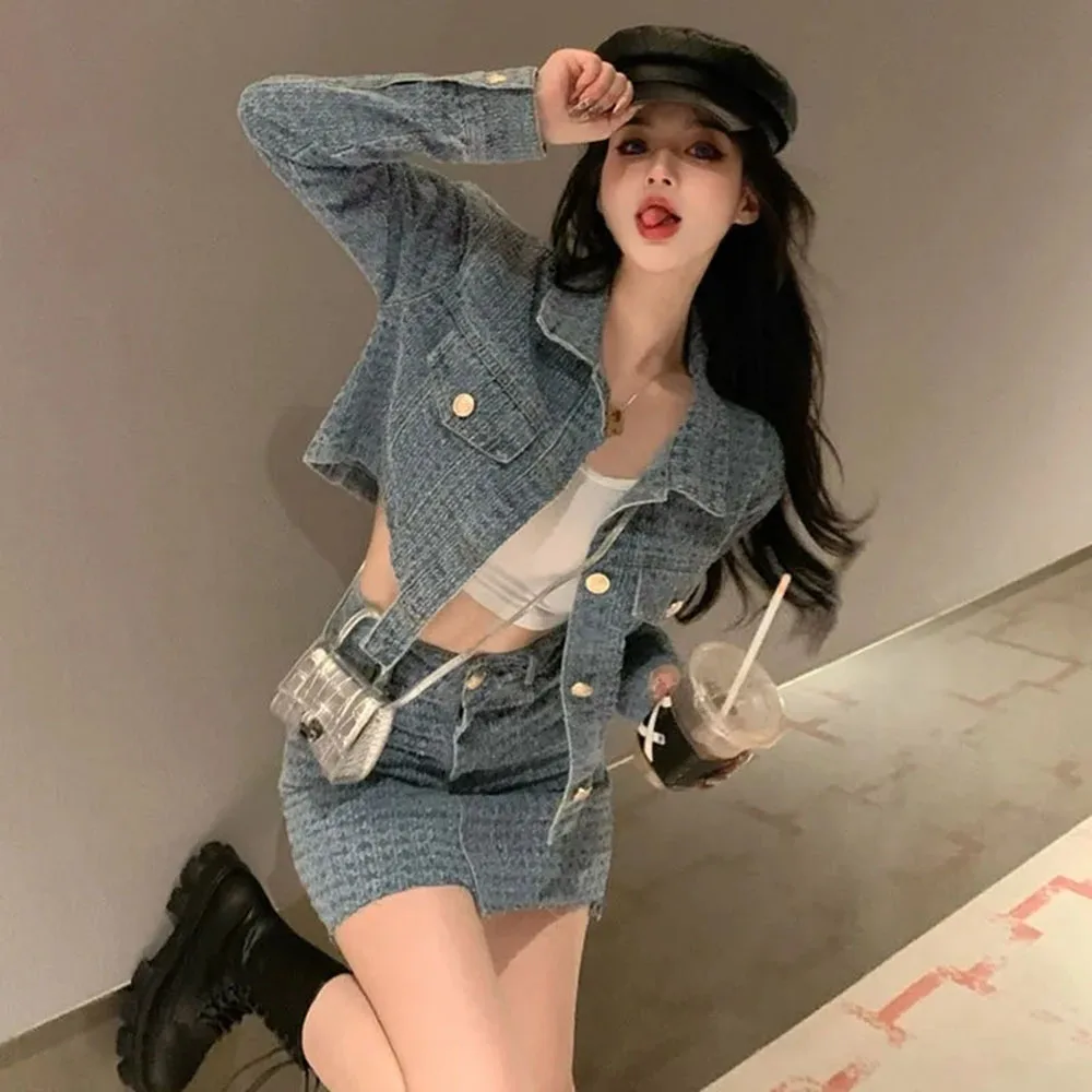 Vintage Denim Skirts Suits Women\'s Clothing Spring Autumn Jean Jackets Coats + Korean Loose Skirts Girls Two-piece Sets outfit