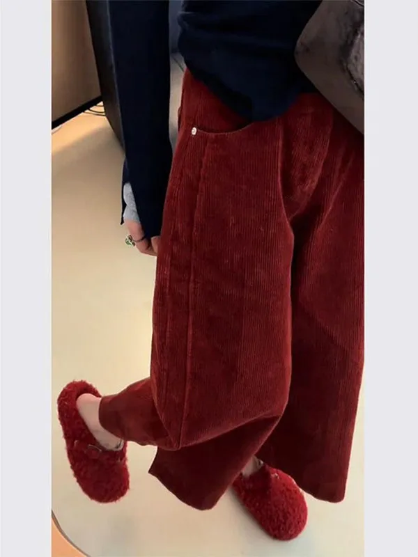 

plus Size Red Corduroy Wide Leg Pants High Waist Straight Cut Casual Trousers for Women Heavy Du Spring Autumn New Sle