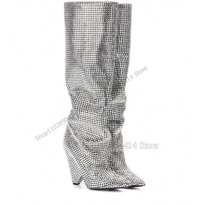 Stivali a punta con tacco a cono con strass argento Slip On scarpe da donna tacchi stile strano Fashion Runway 2023 Zapatos Para Mujere