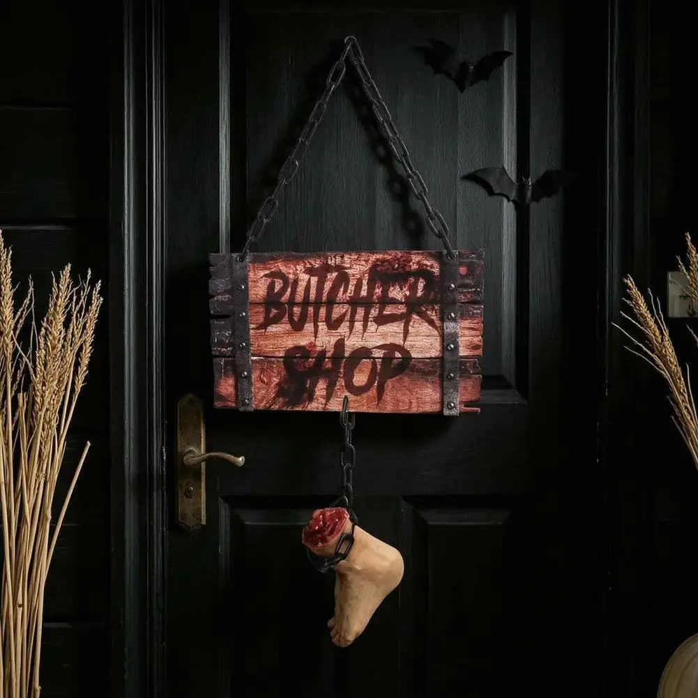 Halloween Hanging Butcher Sign Halloween Party Atmosphere Supplies Halloween Butcher Sign Decoration Broken Leg for Indoor