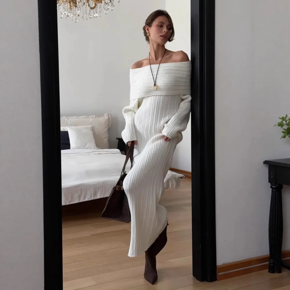 Damska zimowa sukienka swetrowa typu bodycon z odkrytymi ramionami, elegancka sukienka midi z długim rękawem na imprezę klubową, formalna, modna odzież z prążkowanej dzianiny, kolekcja 2026.