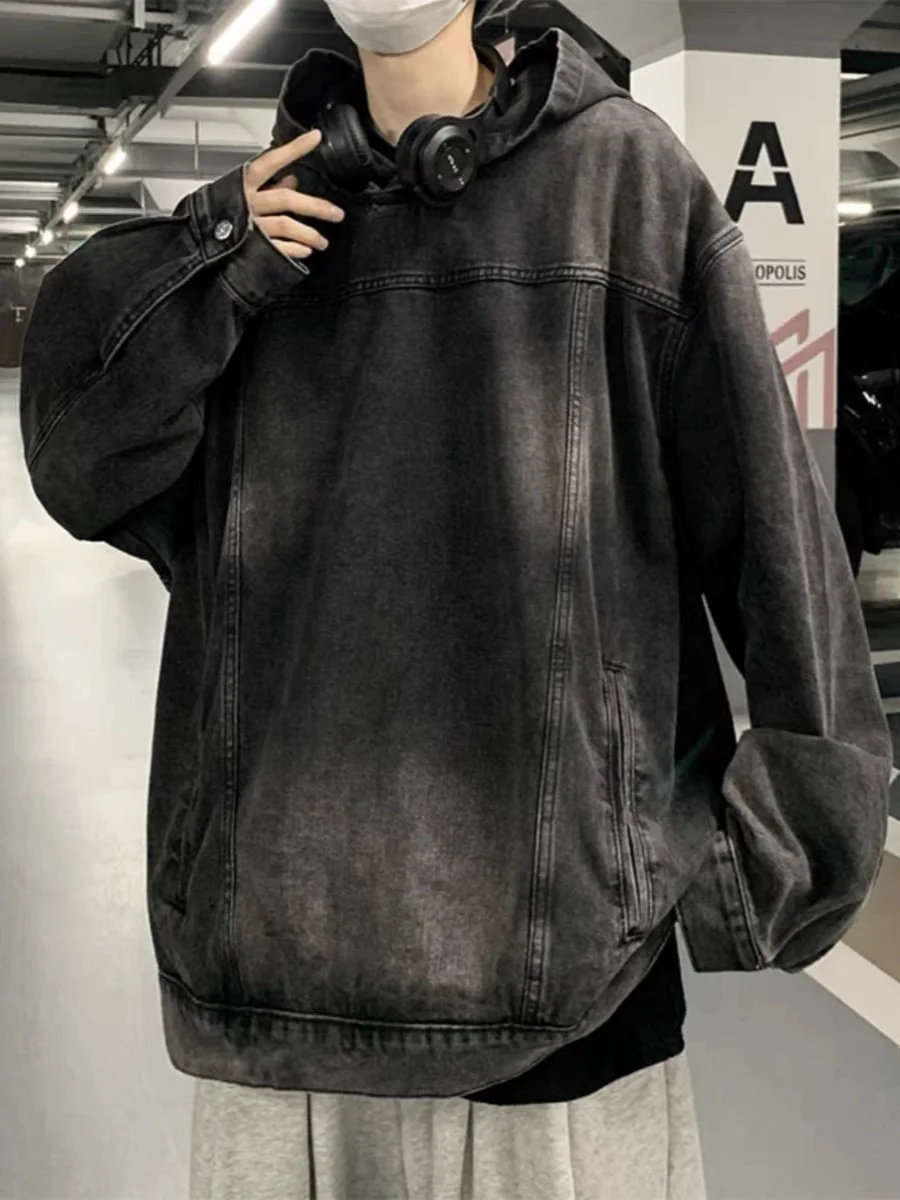

Retro American High Street Hoodie Denim Sweatirt Men Loose Versatile Couples Trendy Outerwear Waed Outfits Youth Faion
