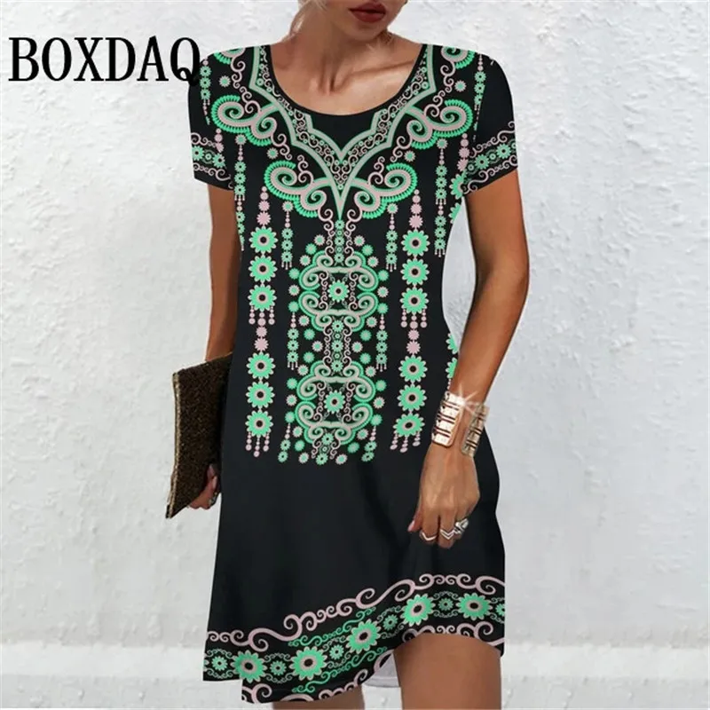 Women\'S Short Sleeve Dresses Summer Women Clothing Vintage Flower Print Fashion A-Line Dress Casual Lady Loose Plus Size Dresses