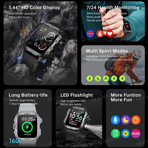 Imagen 2 del producto 2025 nueva linterna militar reloj inteligente hombres IP68 5ATM deportes al aire libre Fitness Tracker Monitor de salud 1,44 pulgadas BT llamada Smartwatch