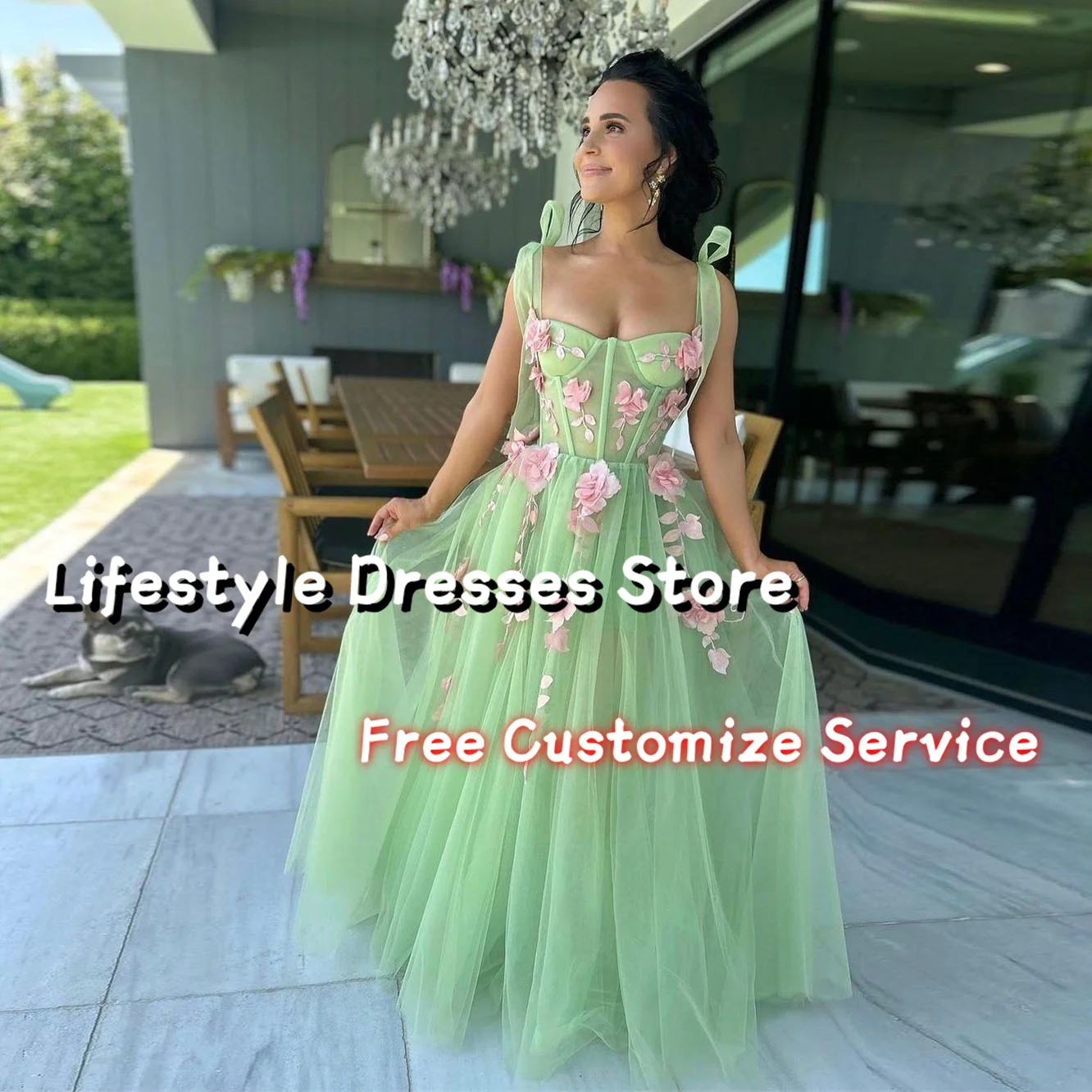 

Gorgeous Flowers Sleeveless A-Line Tulle Prom Dress For Wedding Party Gown Spaghetti Straps Lace-up Evening Dress Formal Dress