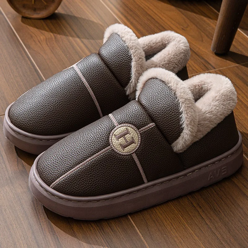 PU Big Sizes 4748 Men Slippers Indoor Waterproof Fur Flat Men's Slippers for Man Winter Home Slipper Cotton Bedroom Houseshoes
