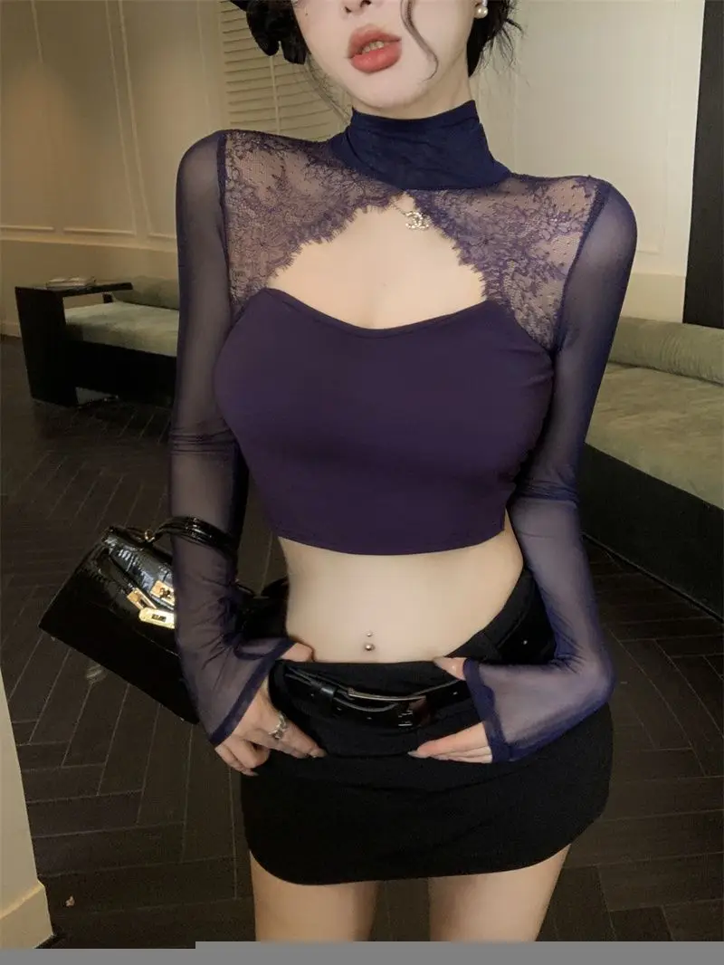 

Sexy Hollow Jumper Female Undershirts Korean Women Lace Stitching Bottoming Sexy Long-Sleeved Shirt With Pure