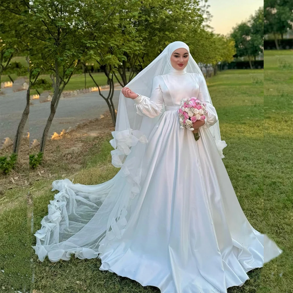 

Simple Wedding Dresses with Hijab High Neck Long Sleeve for Muslim Bride Pleat A-Line Sweep Train Satin Bridal Gown Customized