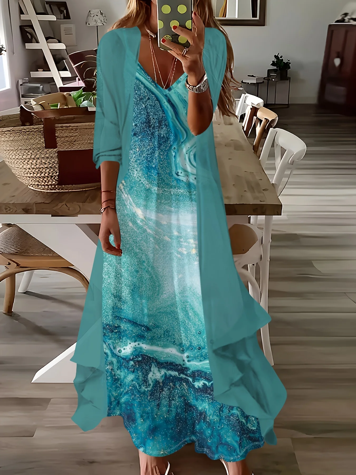 

Spring Autumn Casual Wave Ombre Print Long Sleeve Dress Set Women Fashion A Line Midi Dress Outfit Matching Top and Skirt