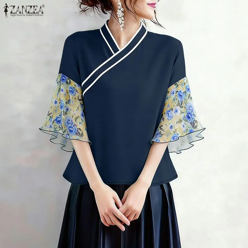 

2026 Summer Floral Patchwork Blouse ZANZEA Stylish Women V Neck 3/4 Flare Sleeve Work Tops Bohemain Holiday Shirt Casual Tunic
