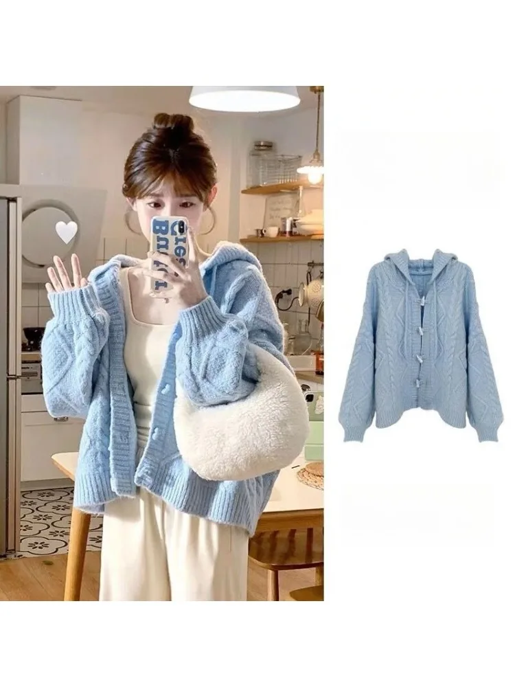 

Women Bascis Casual Knitting Long Sleeve Hooded Blue Cardigans 2025 Winter Fashion Sweet Single Breasted Solid Color Sweater