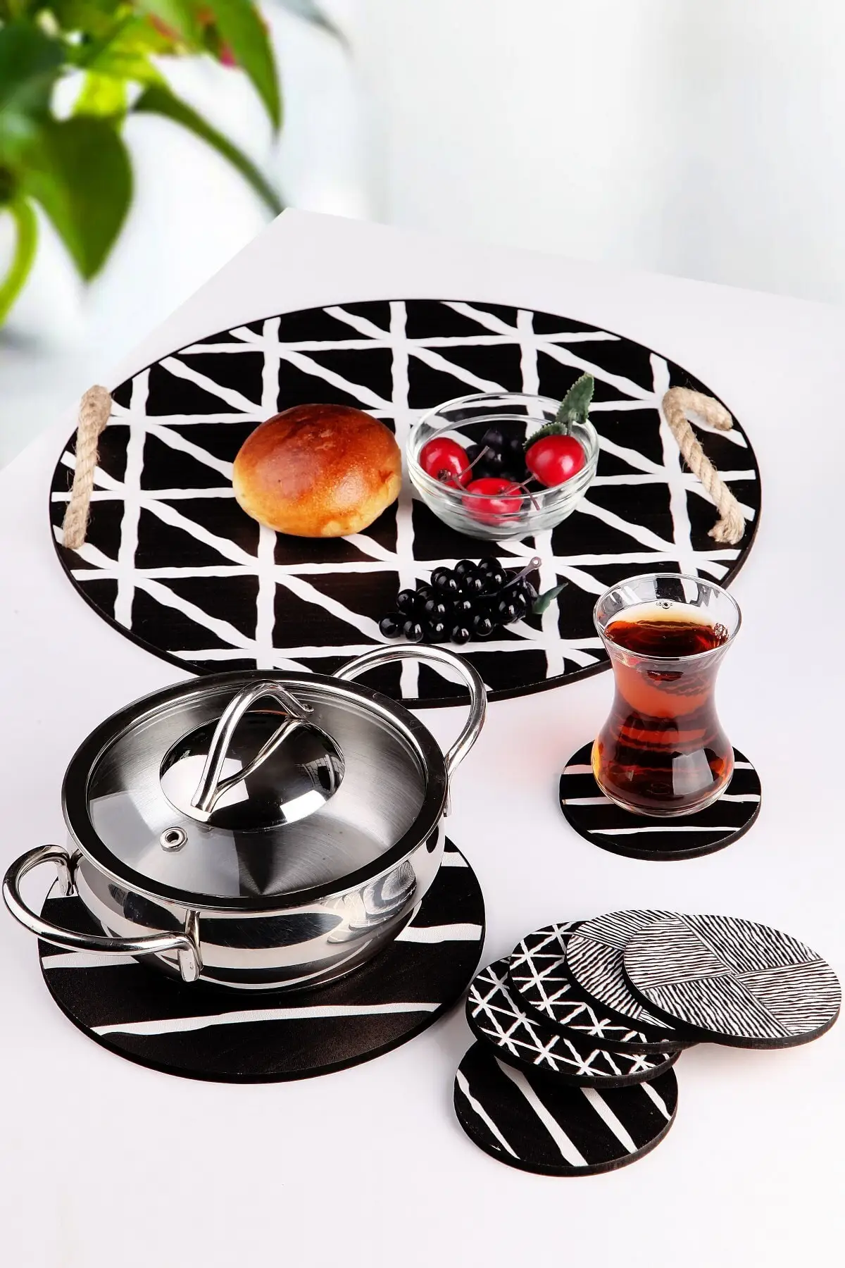 

8 piece custom design tray coaster set Black Line pattern luxury 2022 tray Tea tray Tea tray