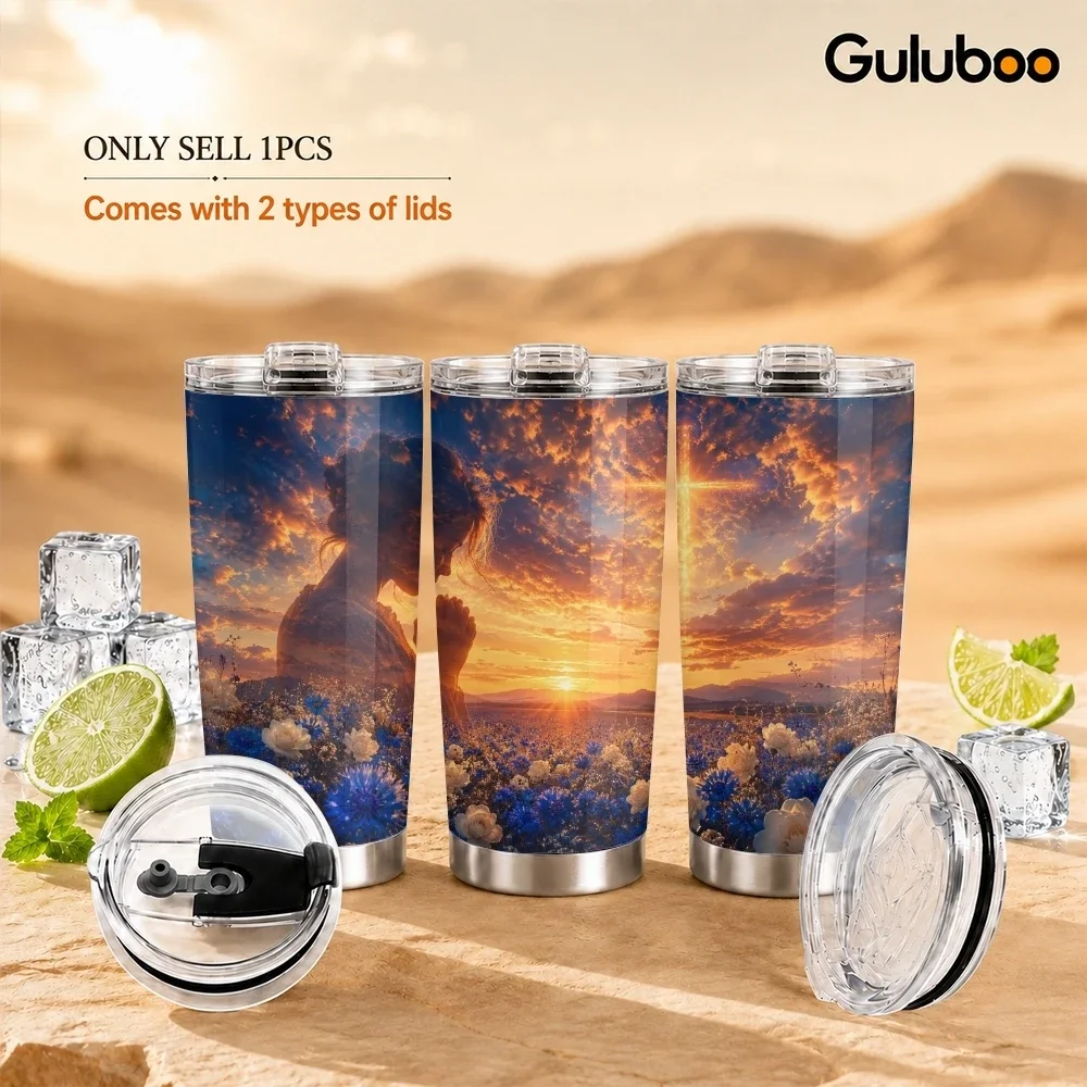 Faithful Nature Canvas Vacuum Flasks 20oz Stainless Steel Insulated Tumbler Double Wall Cup with 2 Lids Straw Travel Mug