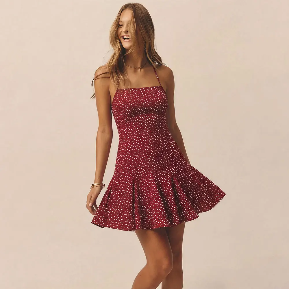 Summer New Wine Red Polka Dot Floral Dress Waist Slimming Ruffle Hem Short Dress Women