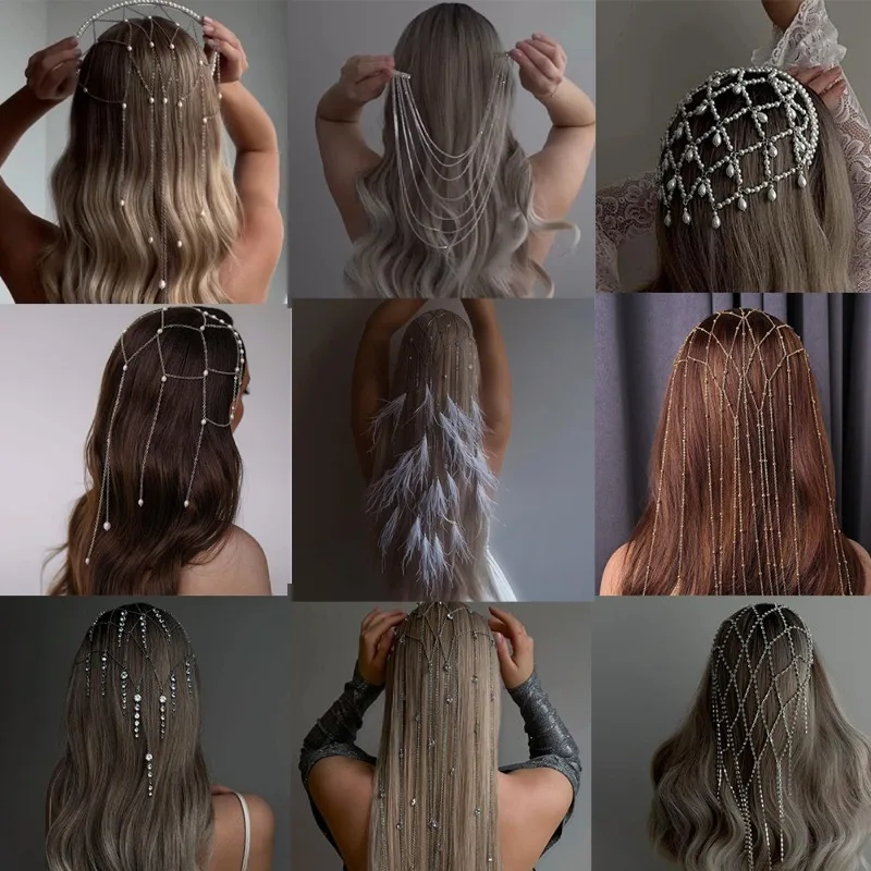 

Luxury Pearl Hair Chain Jewelry for Women Banquet Headdress Bohemian Copper Rhinotone Hair Chain Pendant Tassel Hair Accessories