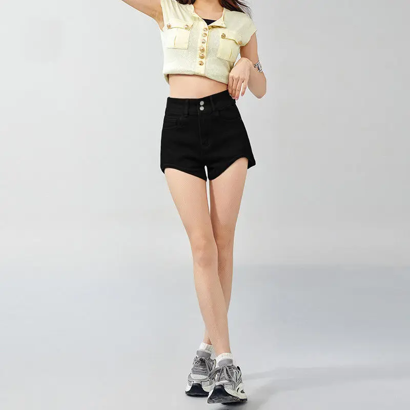 

Two-button high-waisted denim shorts for women with a unique style2025Elastic, washable, thin summer styleaBlack thermal pants
