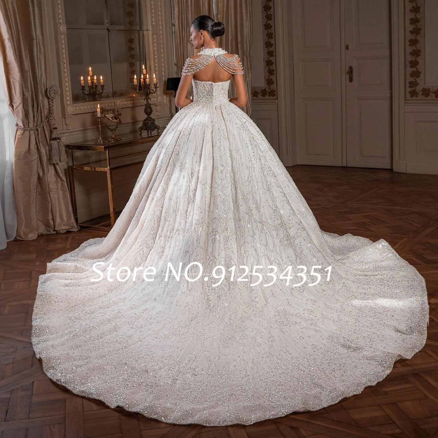 Customized Pearls Shining  Wedding Dresses Off the Shoulder Luxury Hochzeitskleid Backless Vintage Vestidos De Novia Bridal Gown