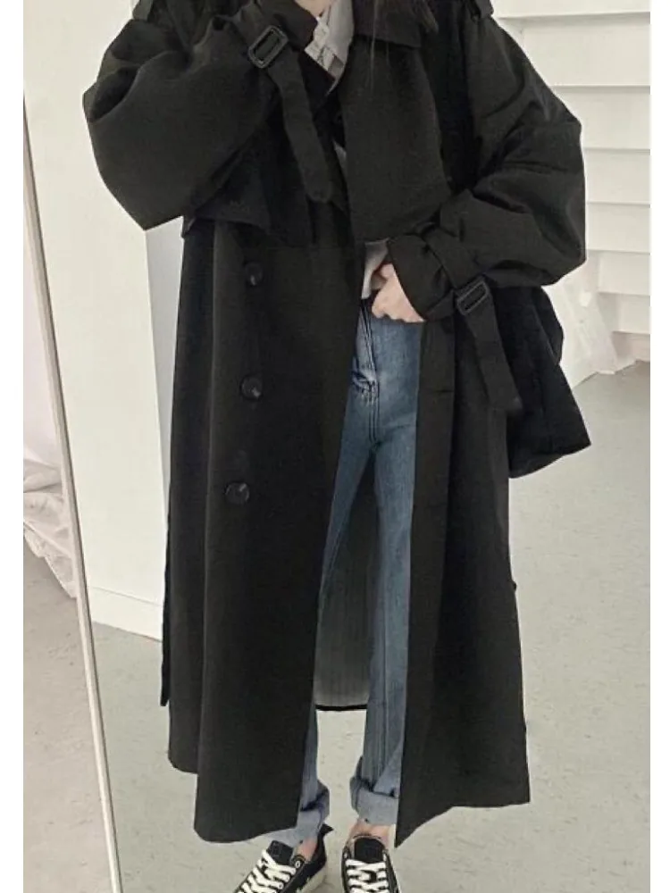 Ele Long Double-Breasted Loose Casual Coat Autumn Winter Chic Outerwear for Women Commute Sle Pure E-Commerce S