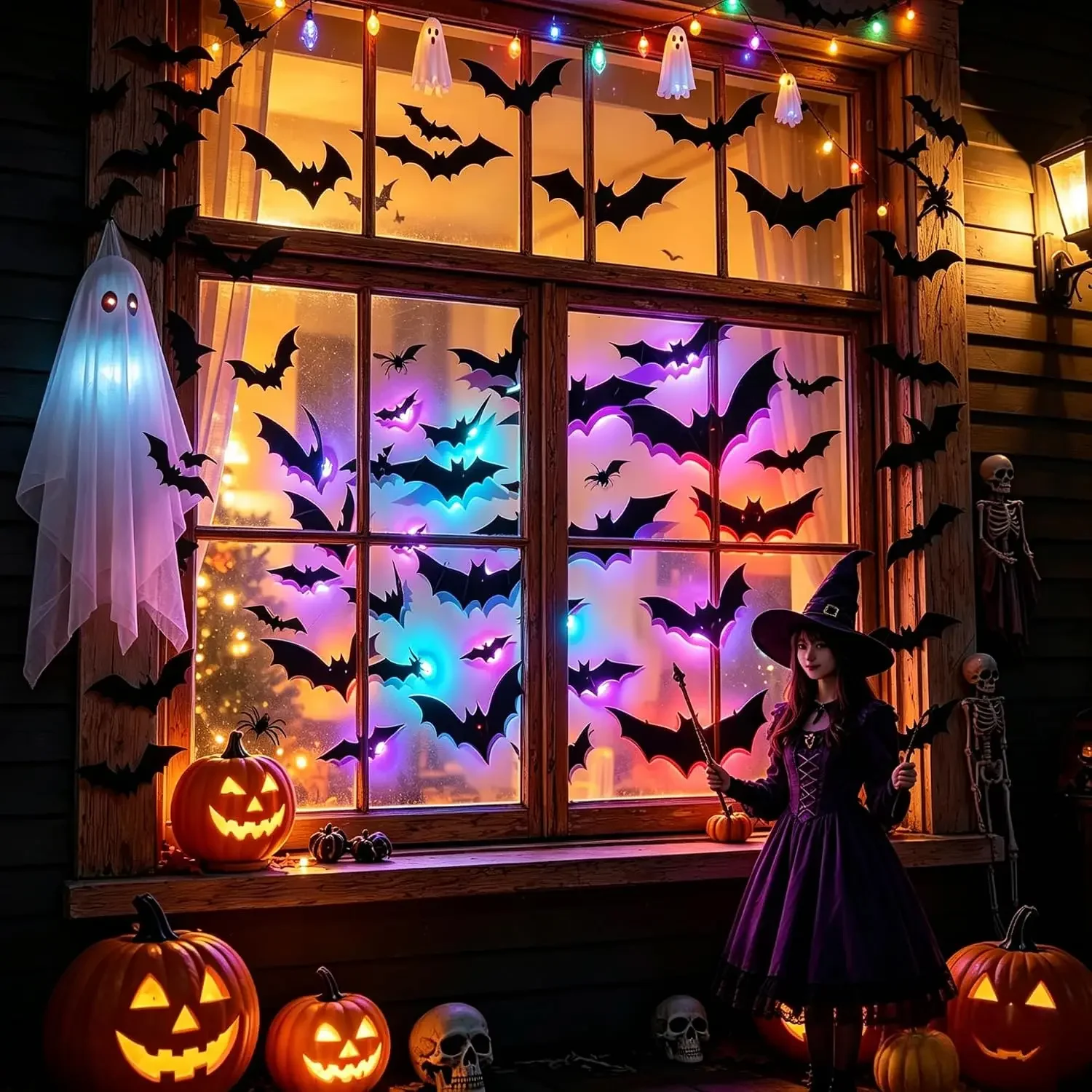 1-4 Sets Halloween-Wandaufkleber mit LED-Beleuchtung, leuchtende Fledermäuse und Spinnen, gruselige Partydekorationen für Spukhäuser, Aufkleber für Innenräume – Detail 3
