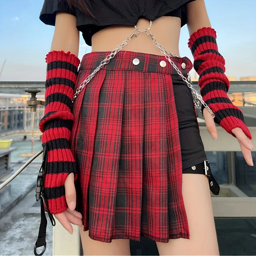 Red-black Striped Long Half Finger Arm Sleeves Feet Cover Elastic Gloves Y2K Fashion Women Girls Striped Elbow Gloves Solid Goth