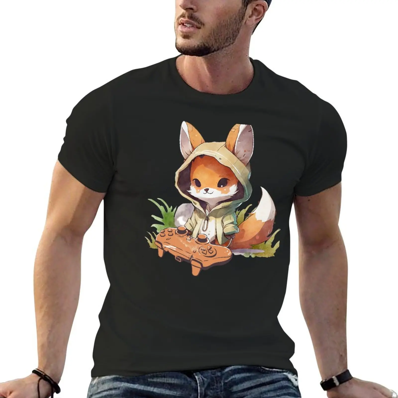 

Cute Fox Gamer in a Hoodie T-Shirt oversized t shirt rapper graphic tees tops mens champion t shirts