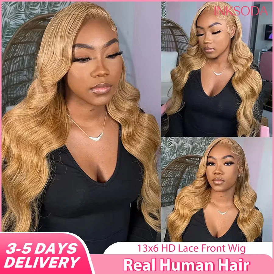 

36-дюймовые волосы Body Wave с плотностью 220%, цвет 27 # Парик из натуральных бразильских волос Honey Blonde 13x6 HD Lace Front, предварительно прорезанный, с цветным кружевным фронтом