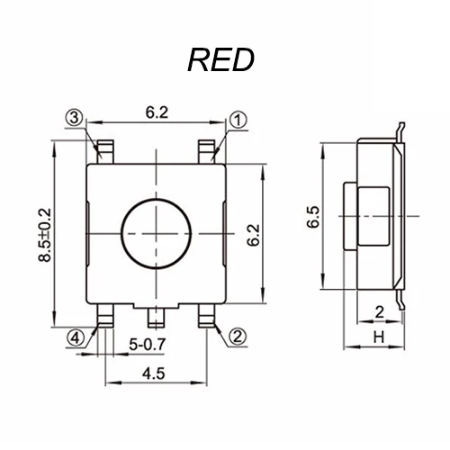 Botón Táctil rojo para montaje en PCB, 50 piezas, 6,2x6,2mm de altura = 2,5/2,7/3,1/3,4/3,7/4/4, 3/5/5mm, SMD 5PIN (SMT), clic momentáneo