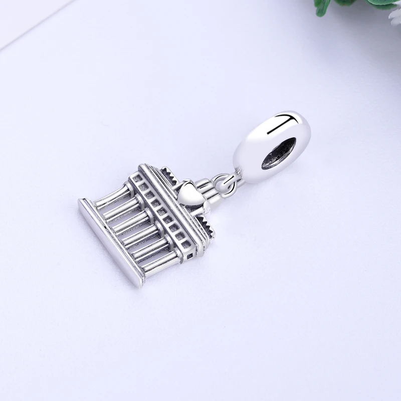 New Real 100% 925 Sterling Silver Bead Charm Greek Parthenon Temple Heart Pendant Charms Fit  Bracelets Women DIY Jewelry