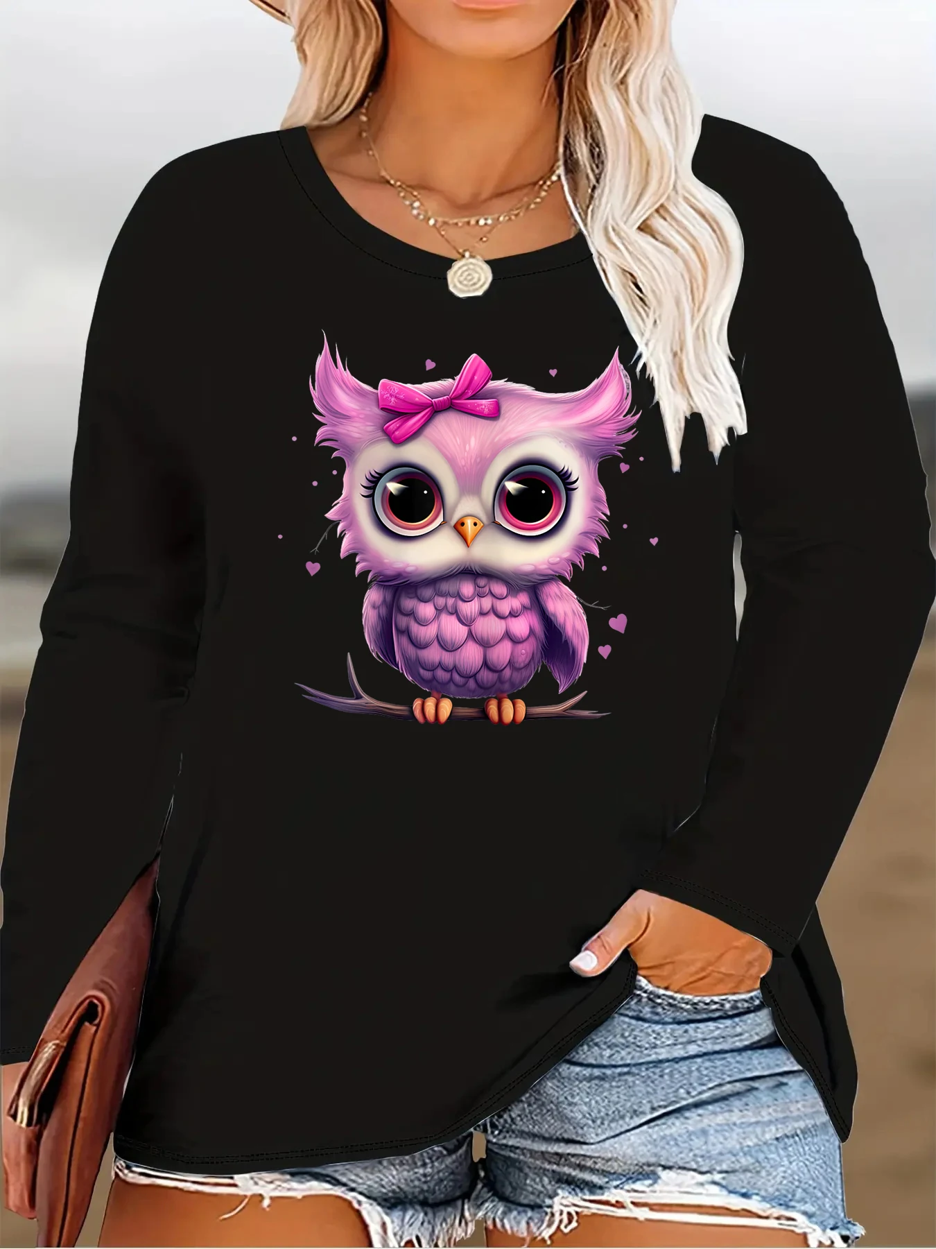 Plus size Cartoon cute bow purple owl print graphic long sleeve T-shirt Retro unisex casual women\'s long sleeve