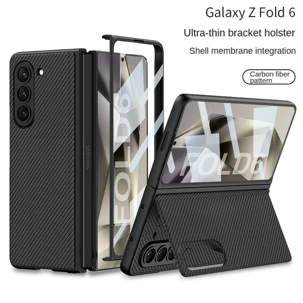 

For Samsung Galaxy Z Fold 6 Case Skin Friendly Matte Folding Flip Holder Leather with Tempered Film Shockproof Hard Back Cover