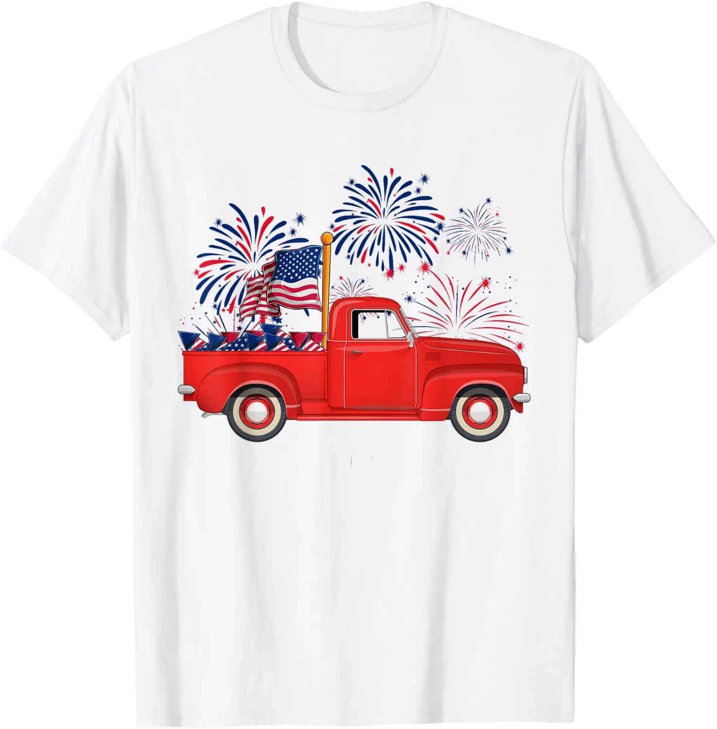 Funny Red Truck American Flag Patriotic Happy 4Th Of July T-Shirt 100% Cotton Trendy Y2K Short-Sleeve Tee-Soft, Quick-Drying,
